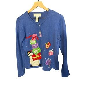 Tiara International Christmas Collection Snowman & Gift Embellished Blue Cardiga